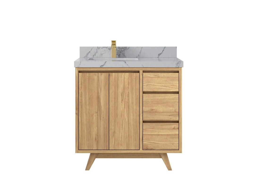 Madison Teak 36 in. W x 22 in. D Left Offset Sink Bathroom Vanity in Light Natural with 2 in Venatino Quartz Countertop