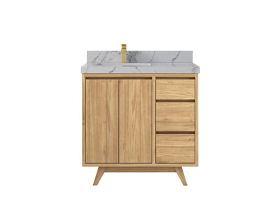 Madison Teak 36 in. W x 22 in. D Left Offset Sink Bathroom Vanity in Light Natural with 2 in Venatino Quartz Countertop