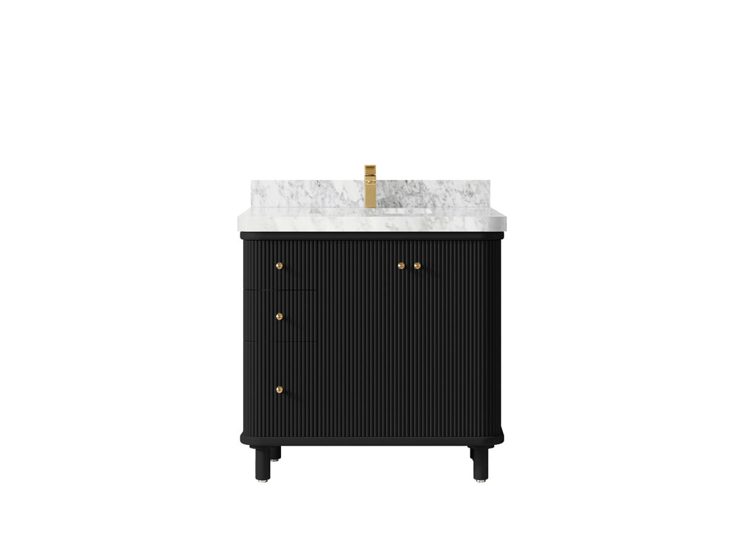 Miami 36 in. W x 22 in. D Center Sink Bathroom Vanity in Black with Carrara Marble Countertop