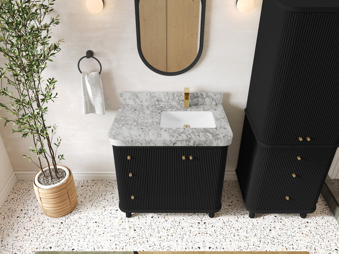 Miami 36 in. W x 22 in. D  Right Offset Sink Bathroom Vanity in Black with Carrara Marble Countertop - Top View