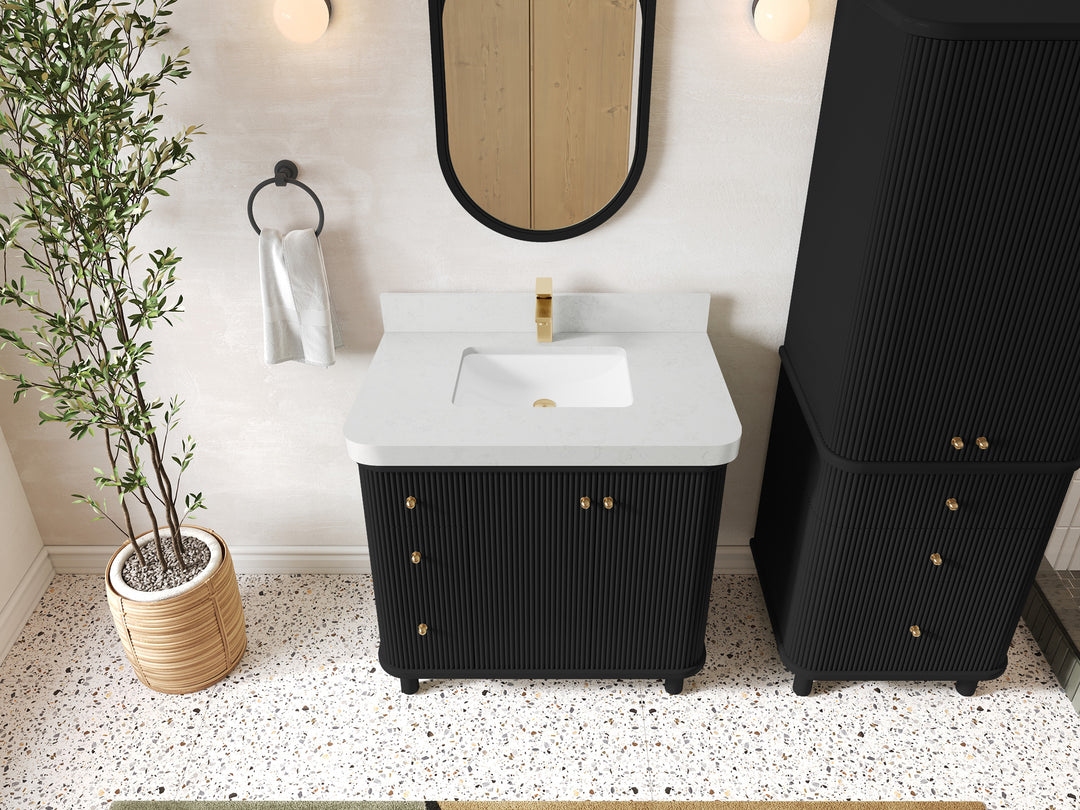 Miami 36 in. W x 22 in. D Center Sink Bathroom Vanity in Black with Carrara Quartz Countertop - Top View