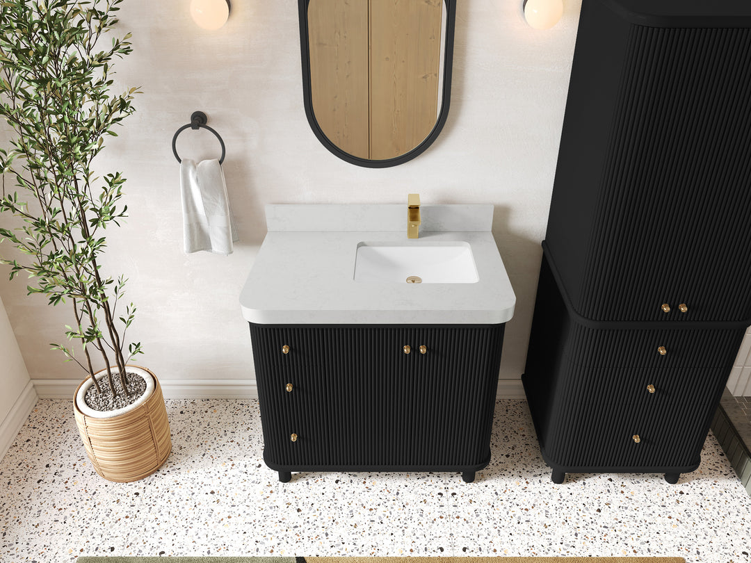 Miami 36 in. W x 22 in. D  Right Offset Sink Bathroom Vanity in Black with Carrara Quartz Countertop - Top View