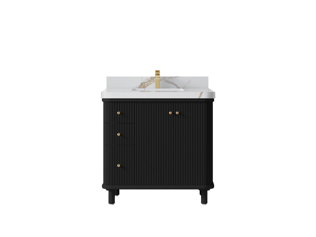 Miami 36 in. W x 22 in. D Center Sink Bathroom Vanity in Black with Calacatta Gold Quartz Countertop