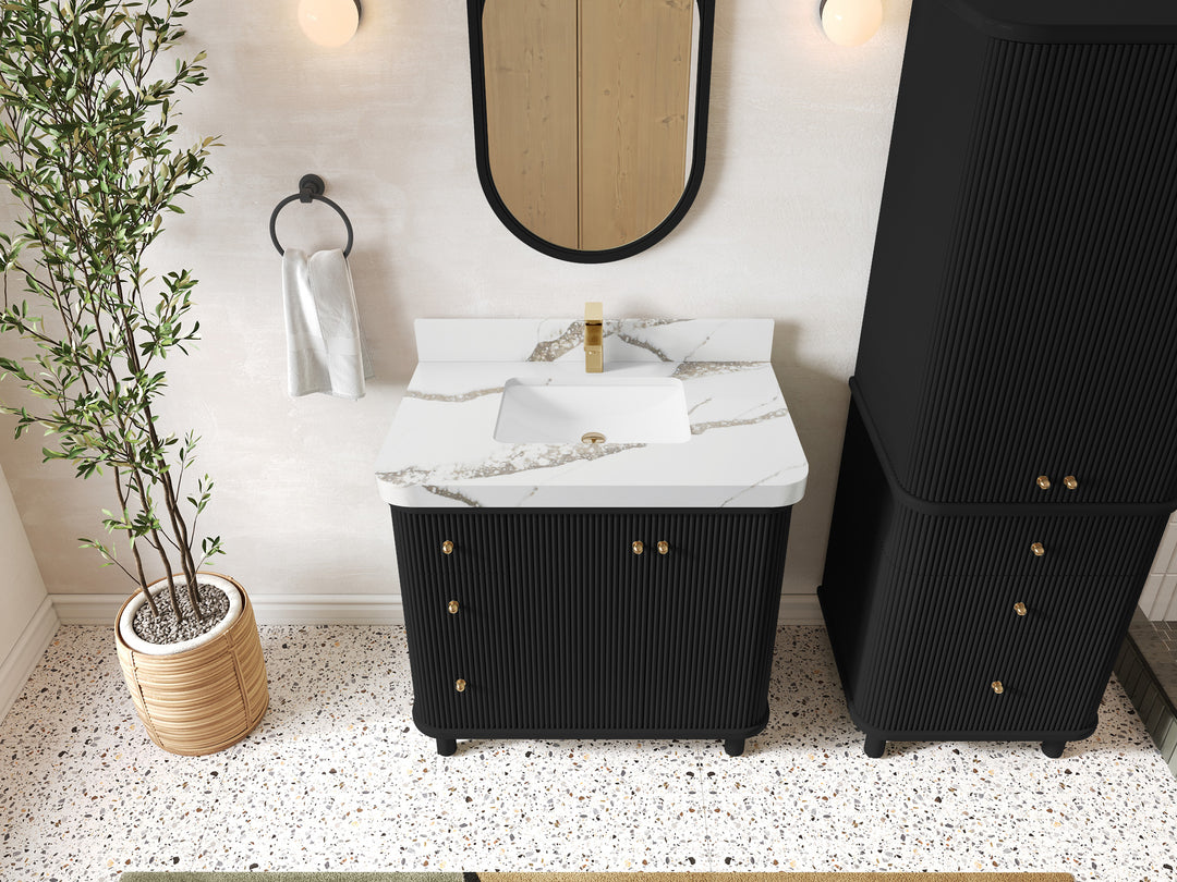 Miami 36 in. W x 22 in. D Center Sink Bathroom Vanity in Black with Calacatta Gold Quartz Countertop - Top View