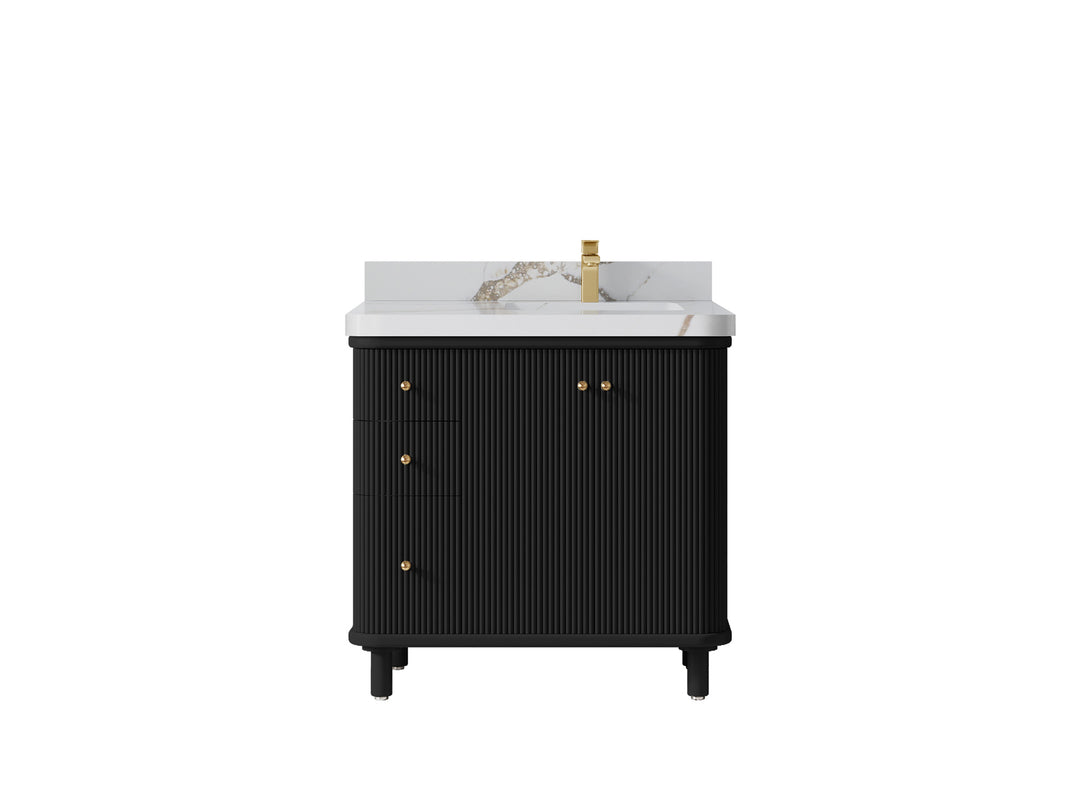 Miami 36 in. W x 22 in. D  Right Offset Sink Bathroom Vanity in Black with Calacatta Gold Quartz Countertop