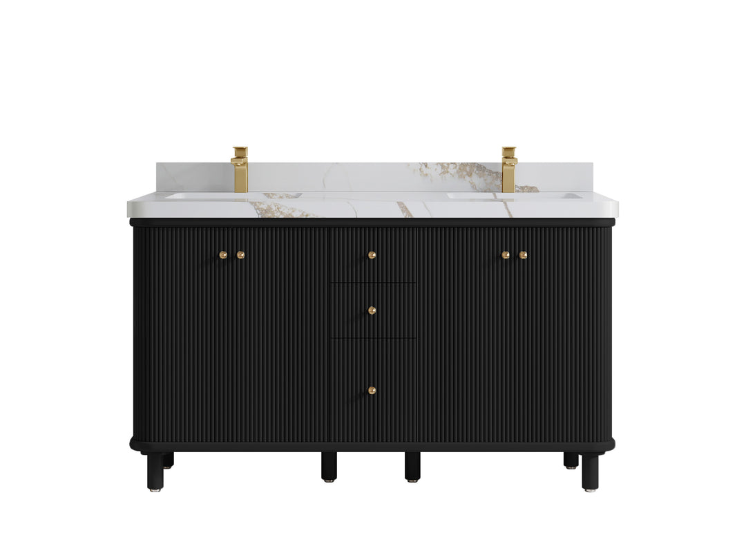 Miami 60 in. W x 22 in. D Double Sink Bathroom Vanity in Black with 2 in Calacatta Gold Quartz Countertop