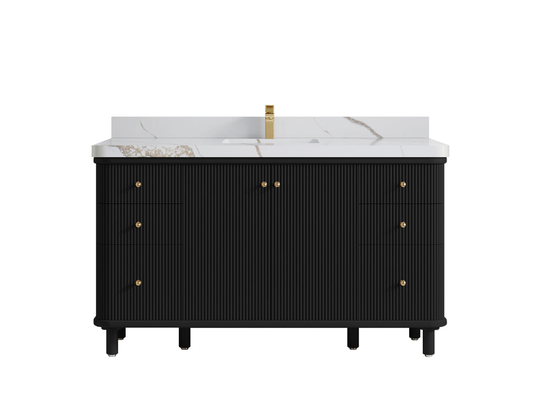 Miami 60 in. W x 22 in. D Single Sink Bathroom Vanity in Black with 2 in Calacatta Gold Quartz Countertop