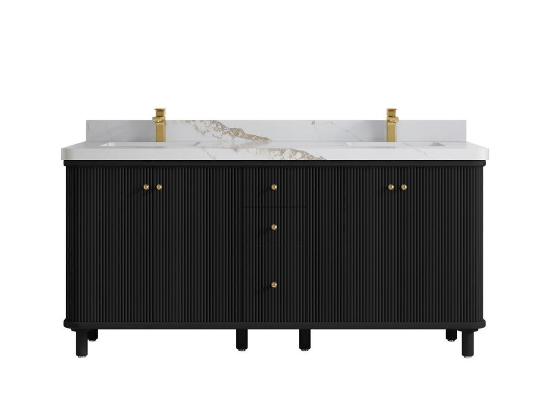 Miami 72 in. W x 22 in. D Double Sink Bathroom Vanity in Black with 2 in Calacatta Gold Quartz Countertop
