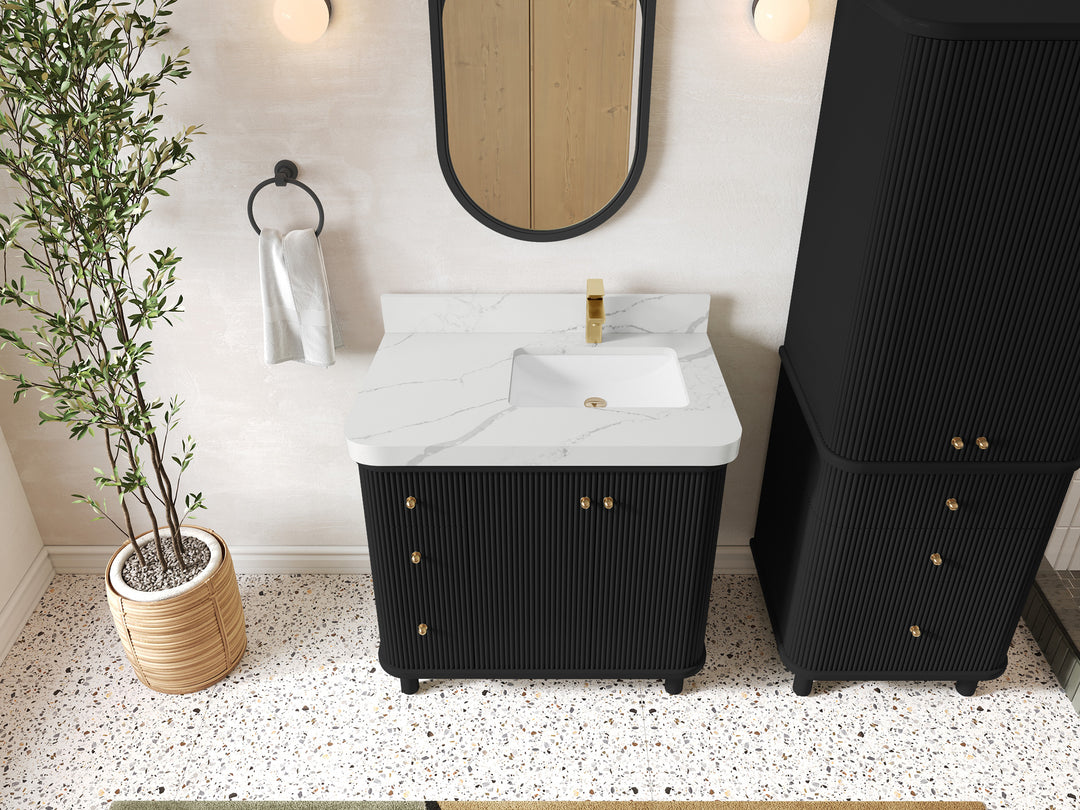 Miami 36 in. W x 22 in. D  Right Offset Sink Bathroom Vanity in Black with Calacatta Laza Quartz Countertop - Top View