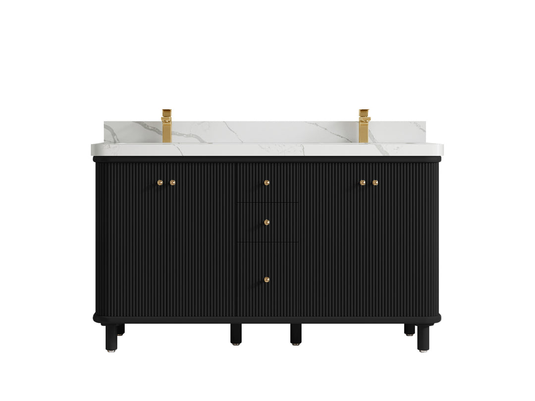Miami 60 in. W x 22 in. D Double Sink Bathroom Vanity in Black with 2 in Calacatta Laza Quartz Countertop