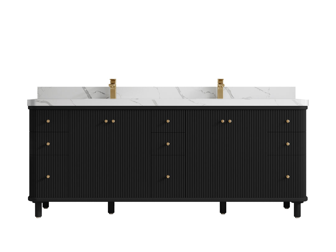 Miami 84 in. W x 22 in. D Double Sink Bathroom Vanity in Black with 2 in Calacatta Laza Quartz Countertop