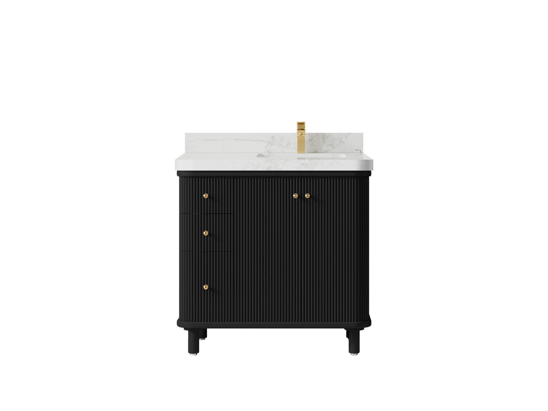 Miami 36 in. W x 22 in. D  Right Offset Sink Bathroom Vanity in Black with Calacatta Nuvo Quartz Countertop