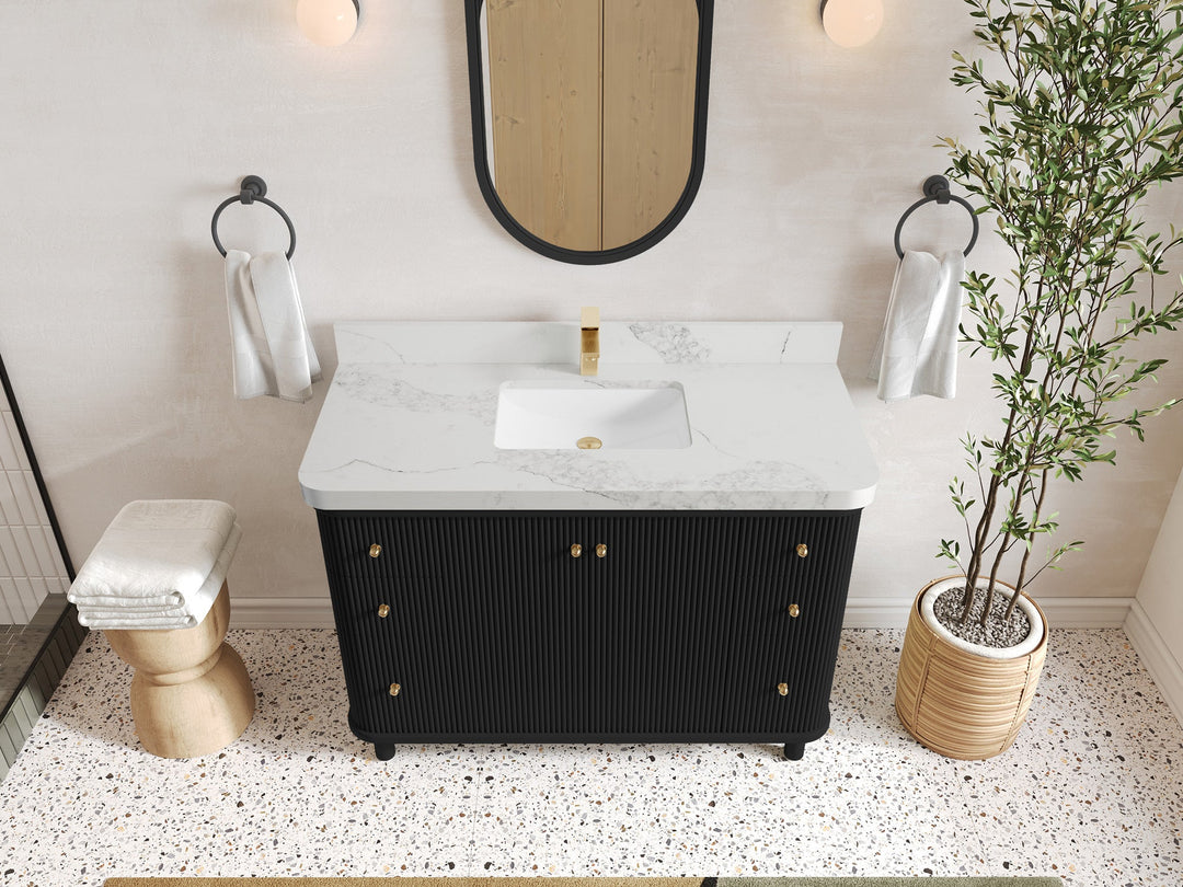 Miami 48 in. W x 22 in. D Single Sink Bathroom Vanity in Black with 2 in Calacatta Nuvo Quartz Countertop - Top View
