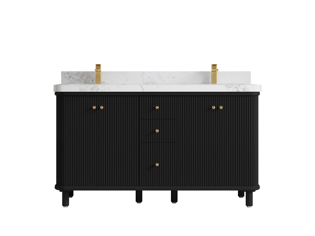 Miami 60 in. W x 22 in. D Double Sink Bathroom Vanity in Black with 2 in Calacatta Nuvo Quartz Countertop