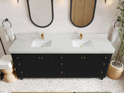 Miami 84 in. W x 22 in. D Double Sink Bathroom Vanity in Black with 2 in Calacatta Nuvo Quartz Countertop - Top View
