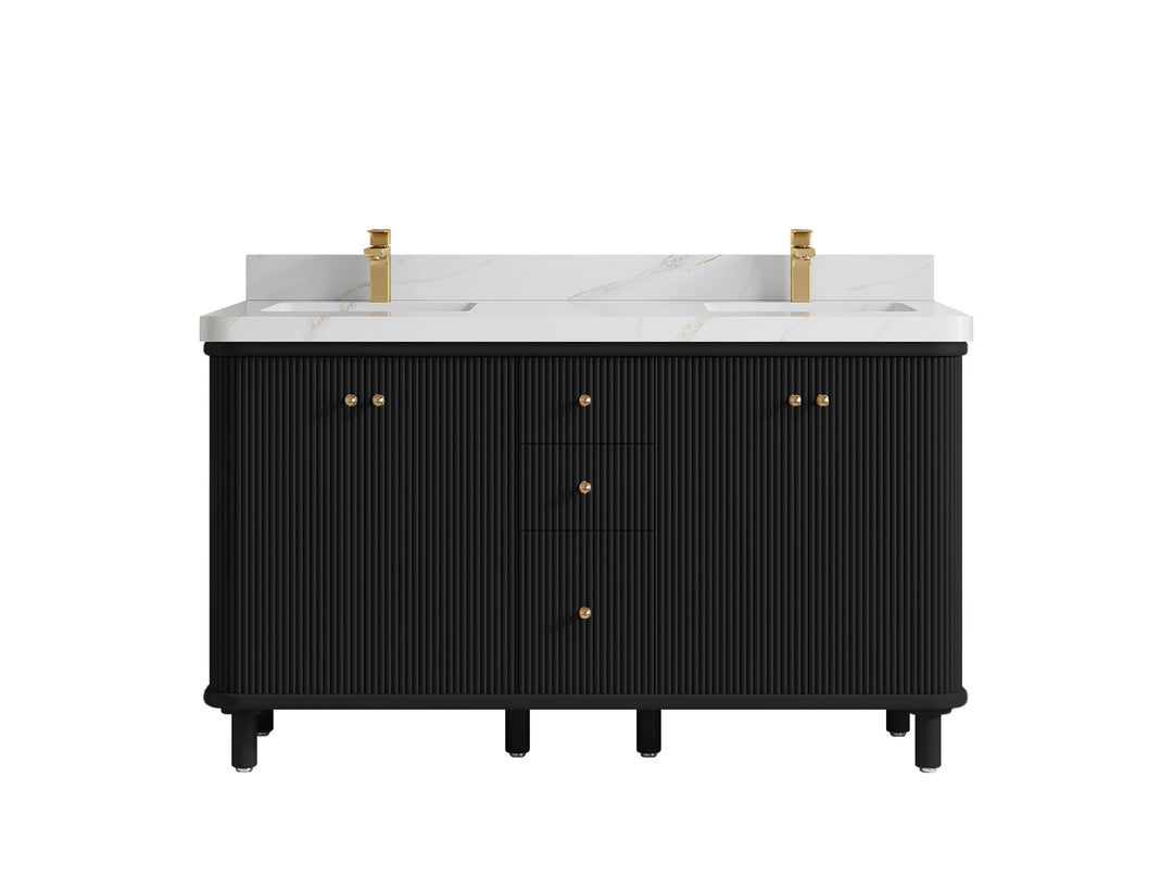 Miami 60 in. W x 22 in. D Double Sink Bathroom Vanity in Black with 2 in Calacatta Sienna Quartz Countertop
