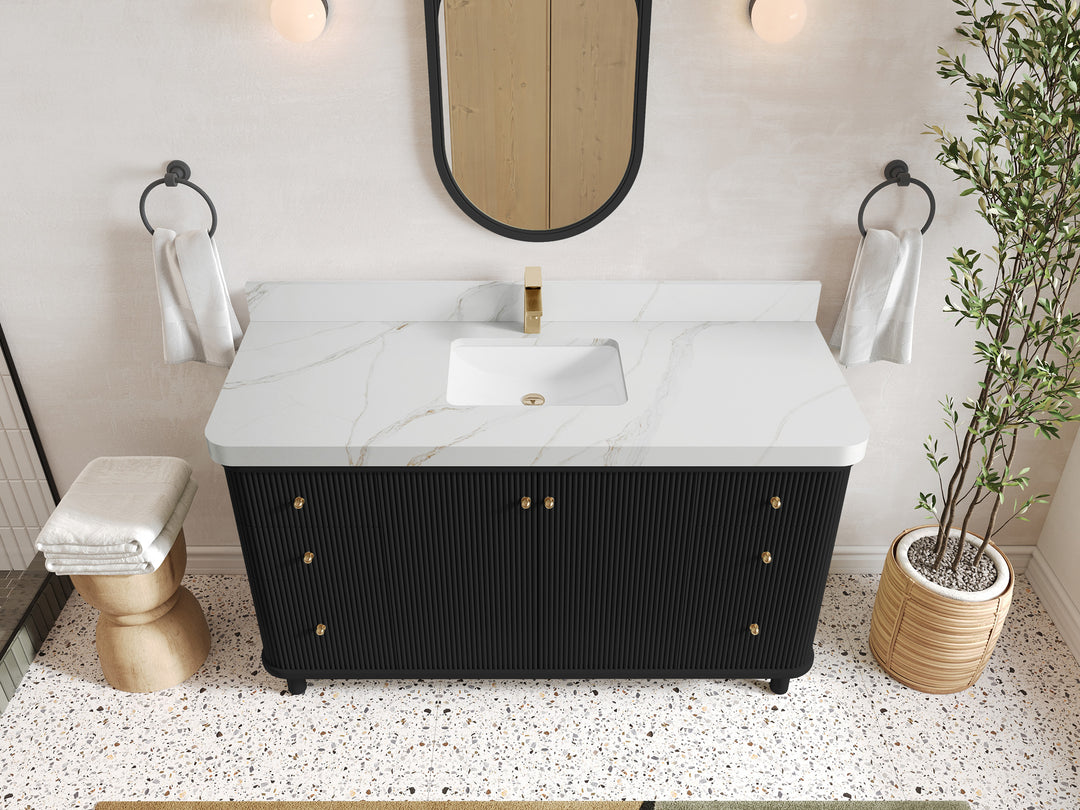 Miami 60 in. W x 22 in. D Single Sink Bathroom Vanity in Black with 2 in Calacatta Sienna Quartz Countertop - Top View