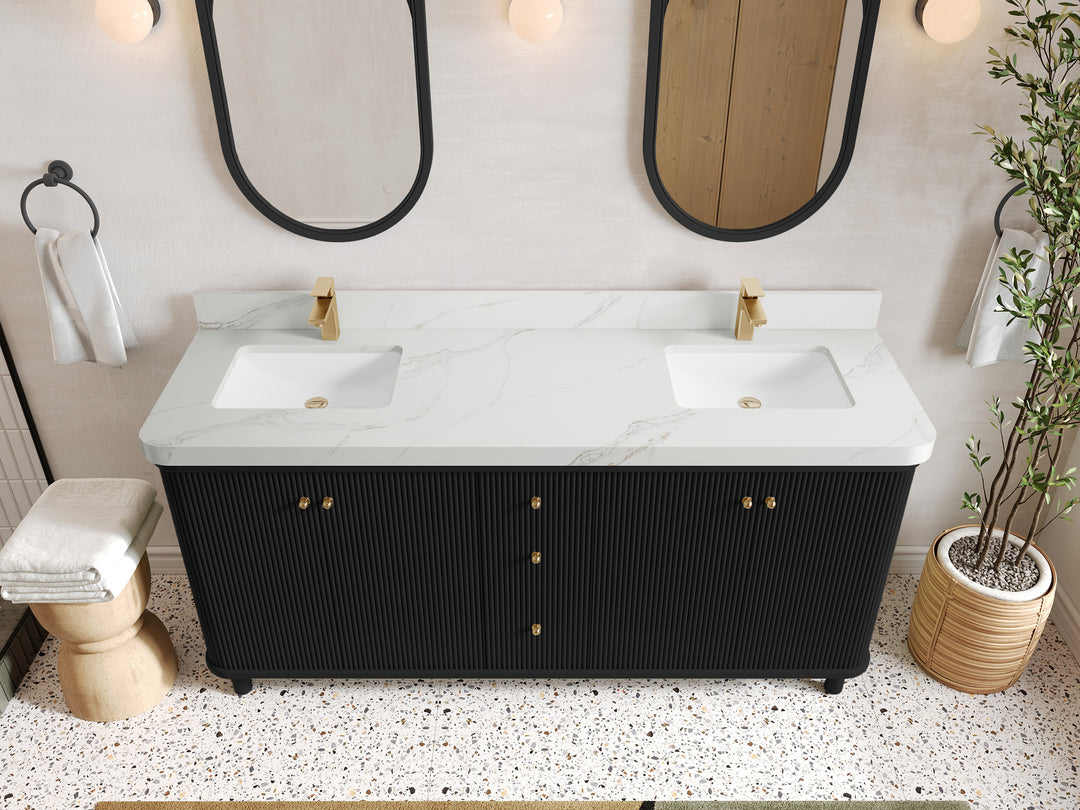 Miami 72 in. W x 22 in. D Double Sink Bathroom Vanity in Black with 2 in Calacatta Sienna Quartz Countertop - Top View