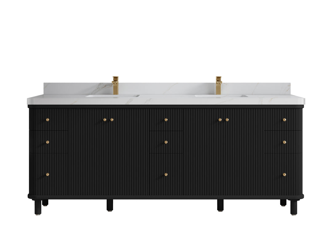 Miami 84 in. W x 22 in. D Double Sink Bathroom Vanity in Black with 2 in Calacatta Sienna Quartz Countertop