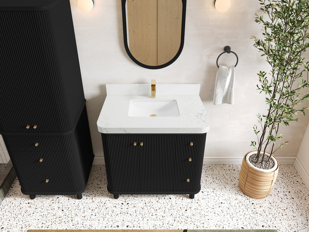 Miami 36 in. W x 22 in. D Center Sink Bathroom Vanity in Black with Empira White Quartz Countertop - Top View