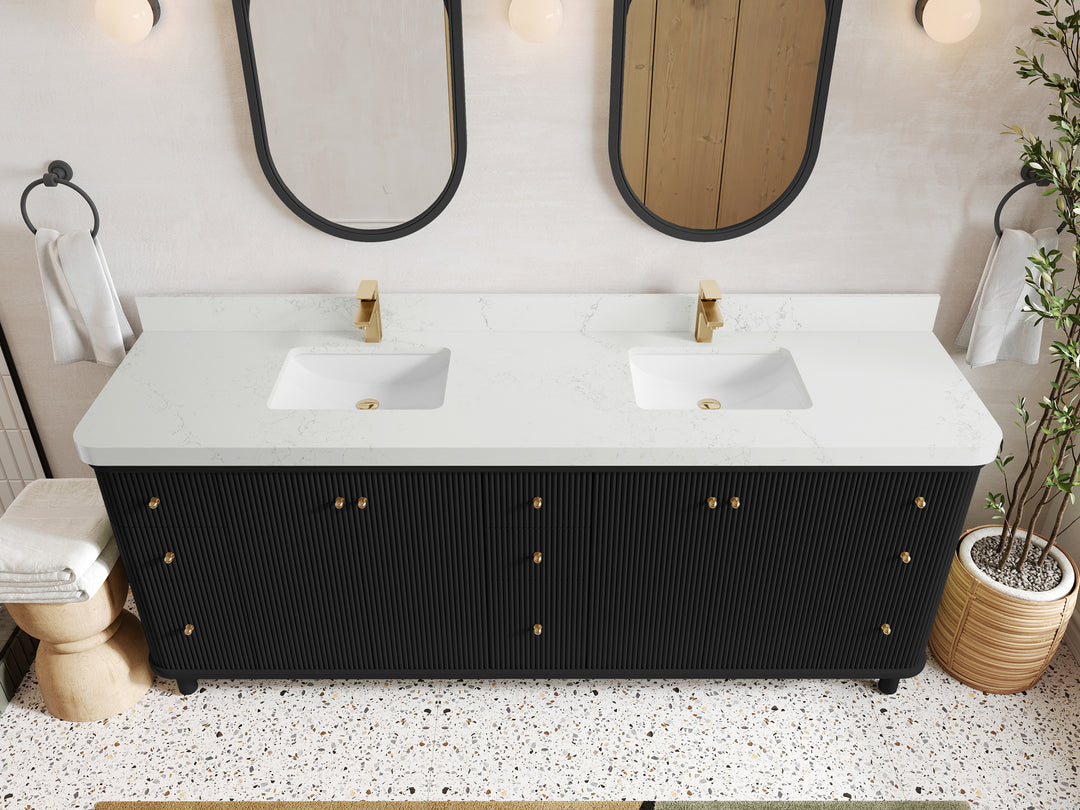 Miami 84 in. W x 22 in. D Double Sink Bathroom Vanity in Black with 2 in Empira White Quartz Countertop - Top View