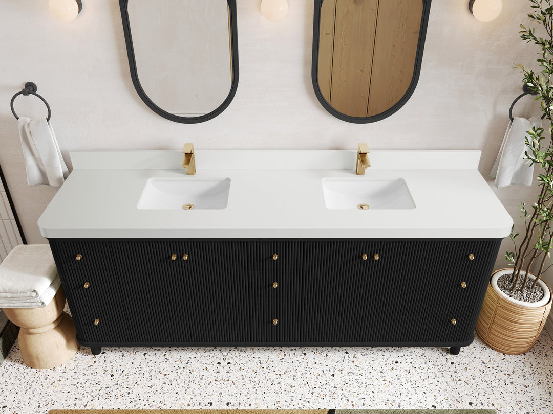 Miami 84 in. W x 22 in. D Double Sink Bathroom Vanity in Black with 2 in White Quartz Countertop - Top View