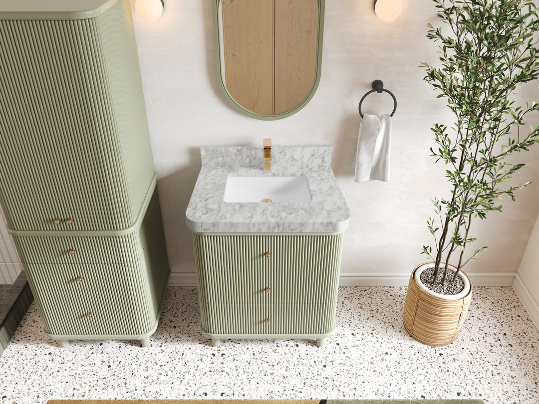 Miami 30 in. W x 22 in. D Single Sink Bathroom Vanity in Evergreen with 2 in Carrara Marble Countertop - Top View