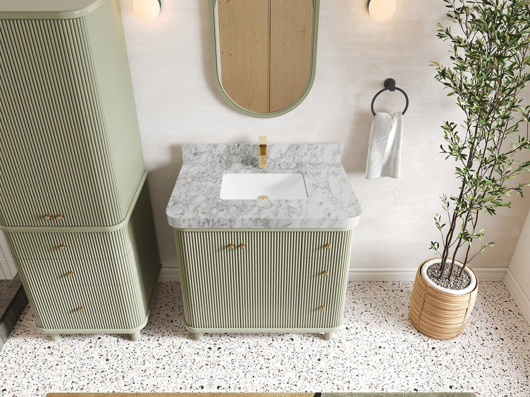 Miami 36 in. W x 22 in. D Center Sink Bathroom Vanity in Evergreen with Carrara Marble Countertop - Top View