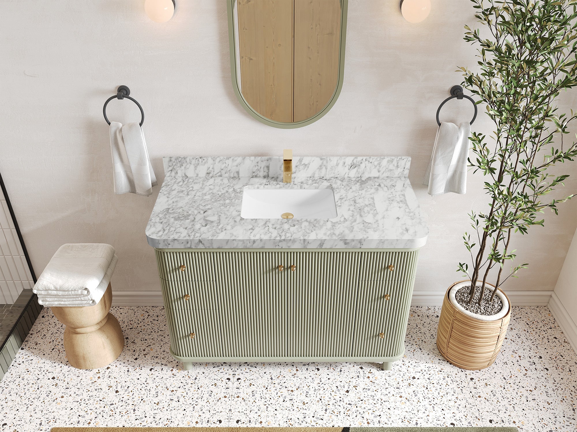 Miami 48 in. W x 22 in. D Single Sink Bathroom Vanity in Evergreen with 2 in Carrara Marble Countertop - Top View