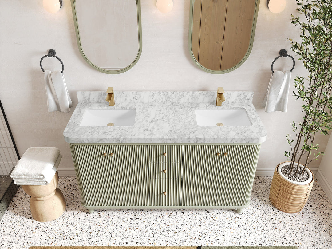 Miami 60 in. W x 22 in. D Double Sink Bathroom Vanity in Evergreen with 2 in Carrara Marble Countertop - Top View