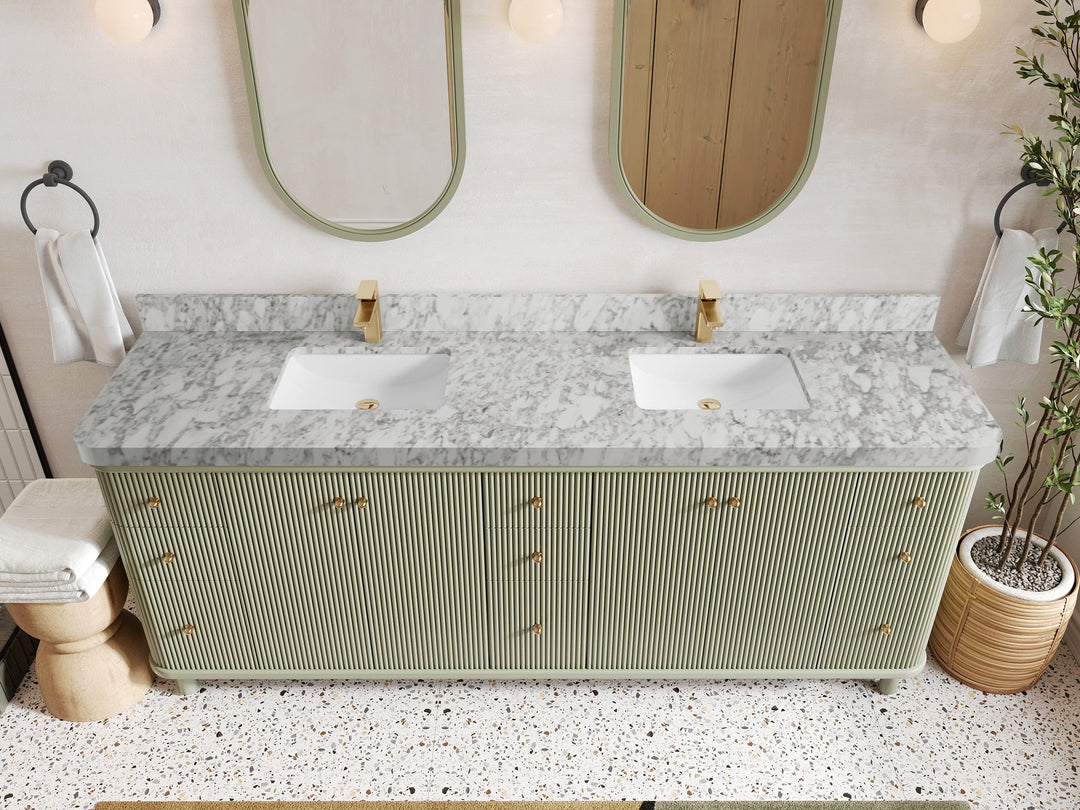Miami 84 in. W x 22 in. D Double Sink Bathroom Vanity in Evergreen with 2 in Carrara Marble Countertop - Top View