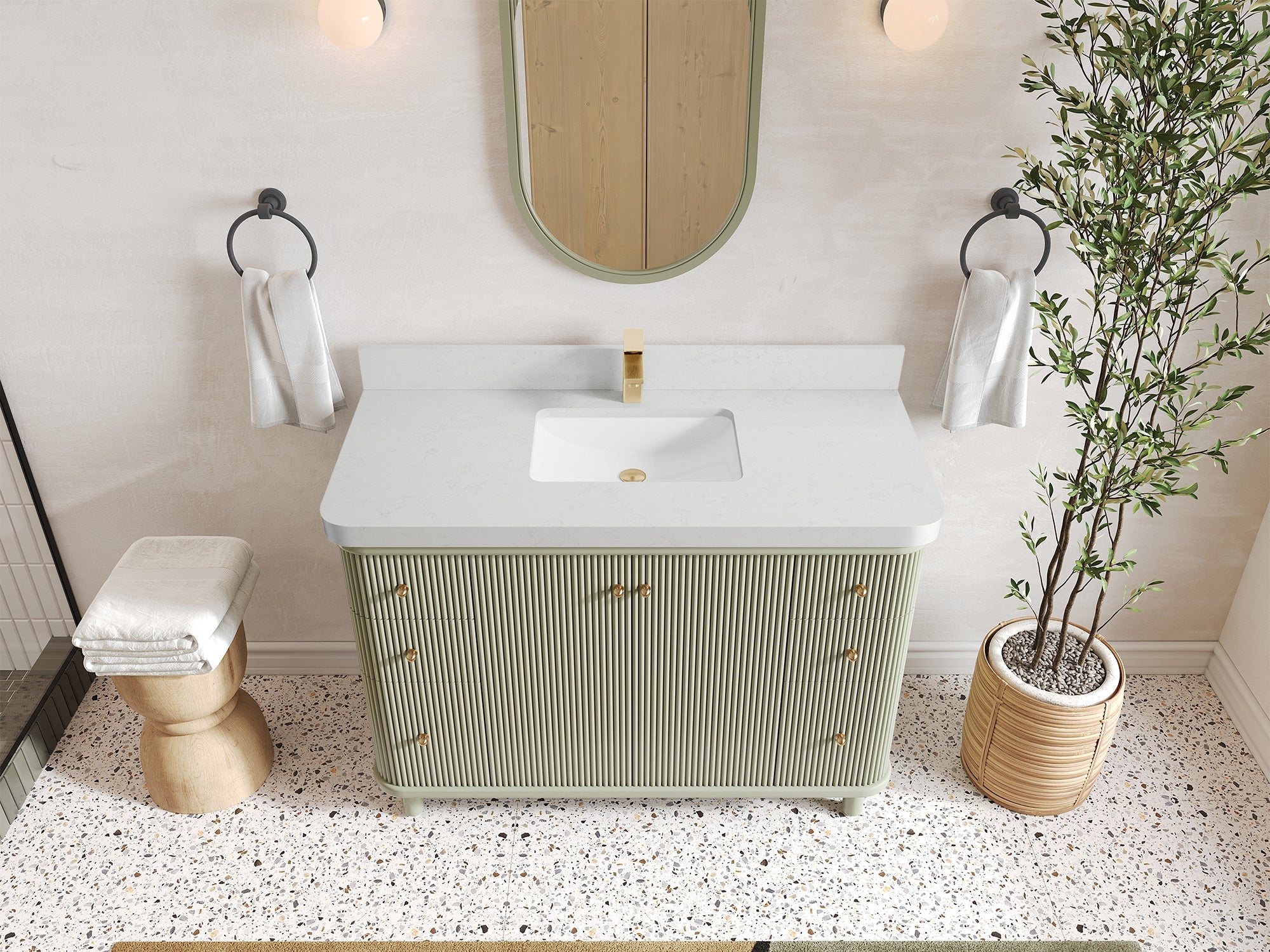 Miami 48 in. W x 22 in. D Single Sink Bathroom Vanity in Evergreen with 2 in Carrara Quartz Countertop - Top View