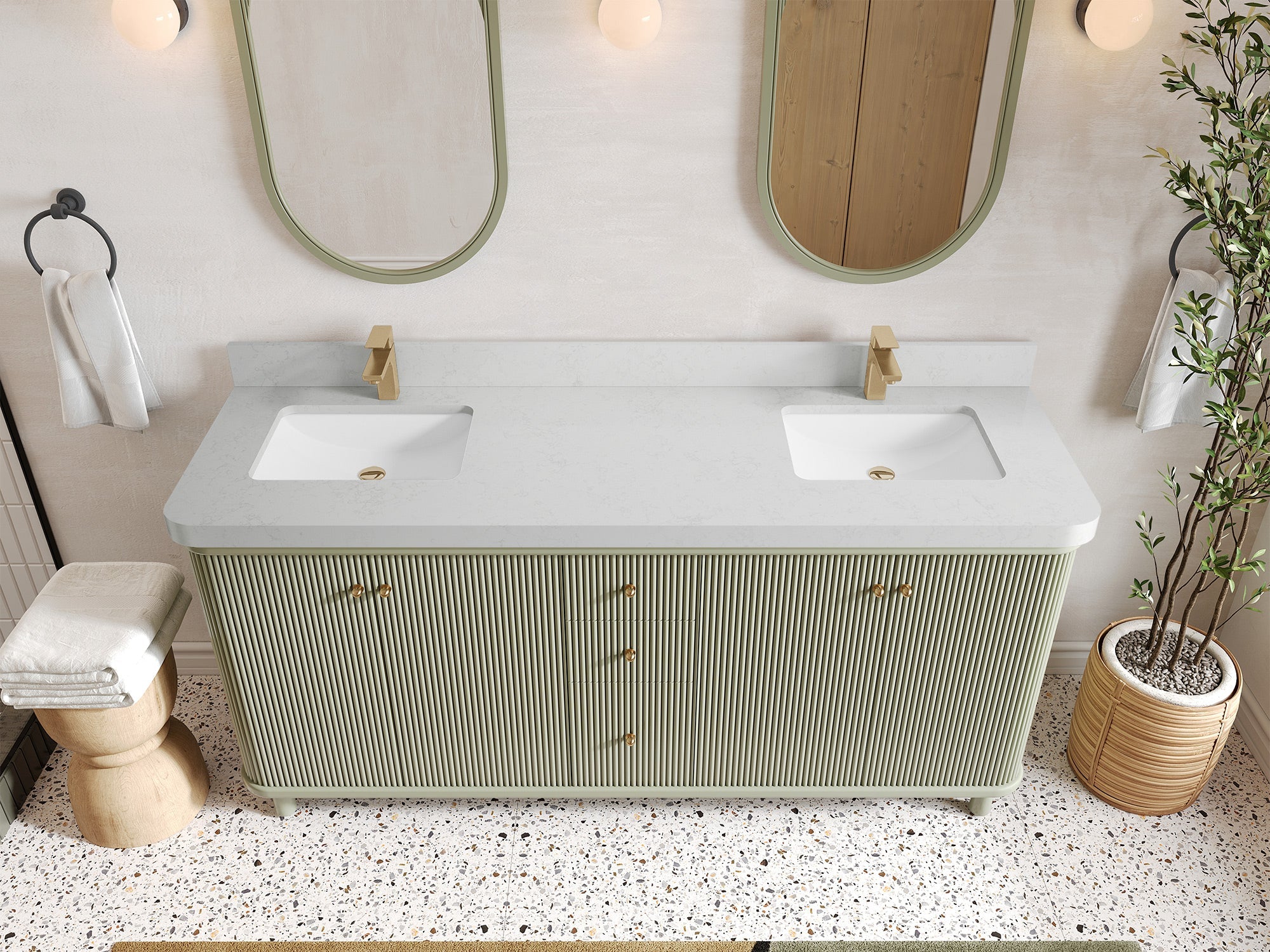 Miami 72 in. W x 22 in. D Double Sink Bathroom Vanity in Evergreen with 2 in Carrara Quartz Countertop - Top View