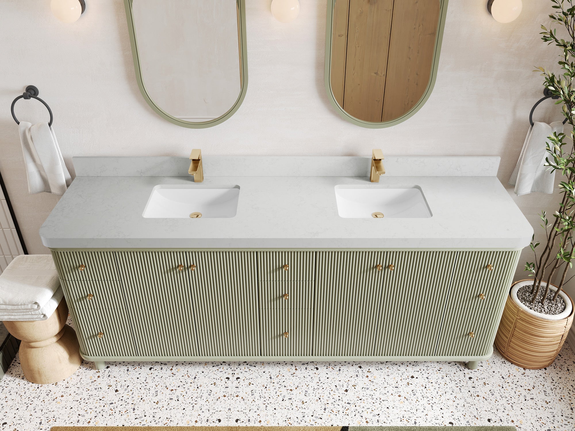 Miami 84 in. W x 22 in. D Double Sink Bathroom Vanity in Evergreen with 2 in Carrara Quartz Countertop - Top View
