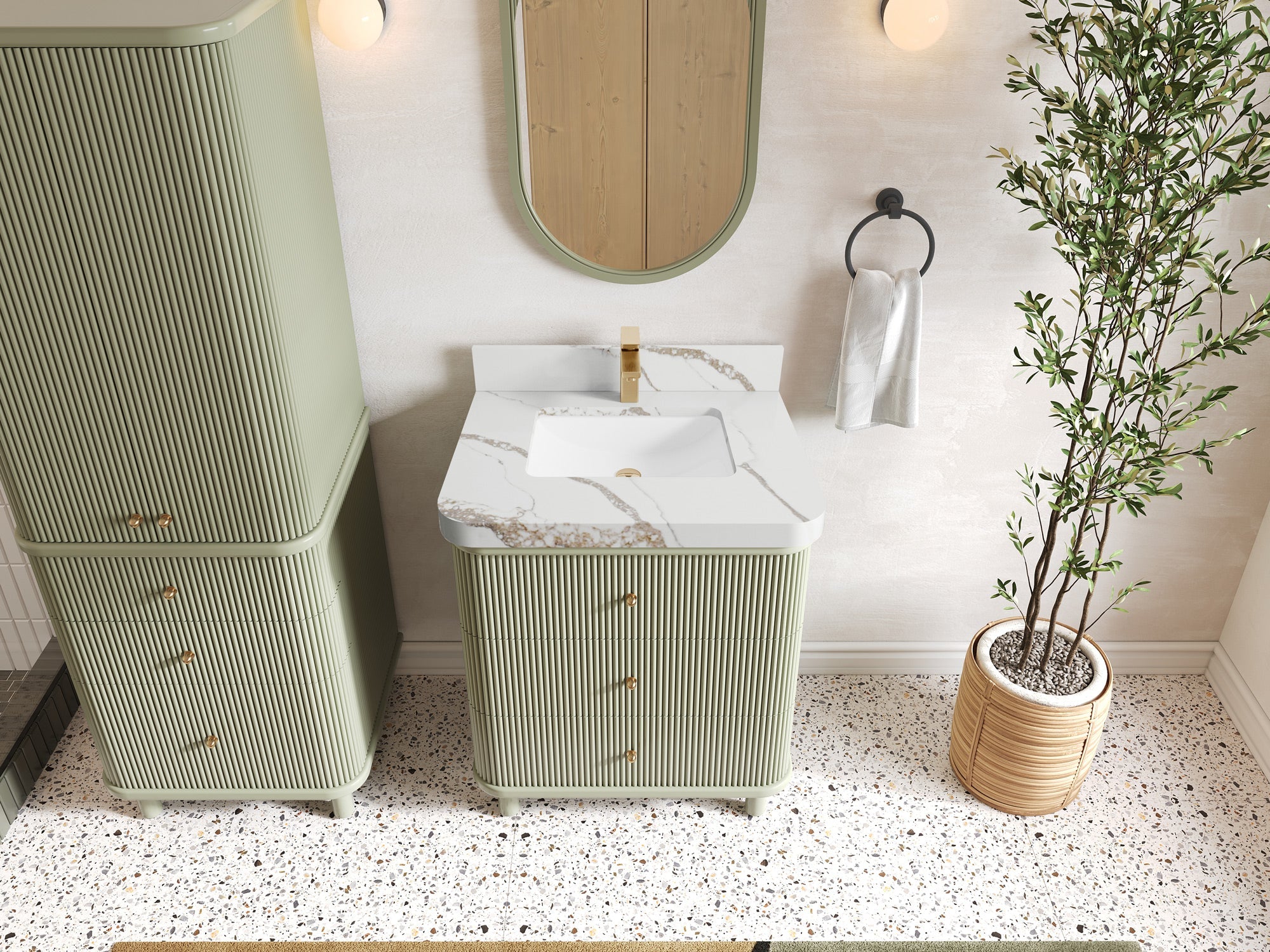 Miami 30 in. W x 22 in. D Single Sink Bathroom Vanity in Evergreen with 2 in Calacatta Gold Quartz Countertop - Top View