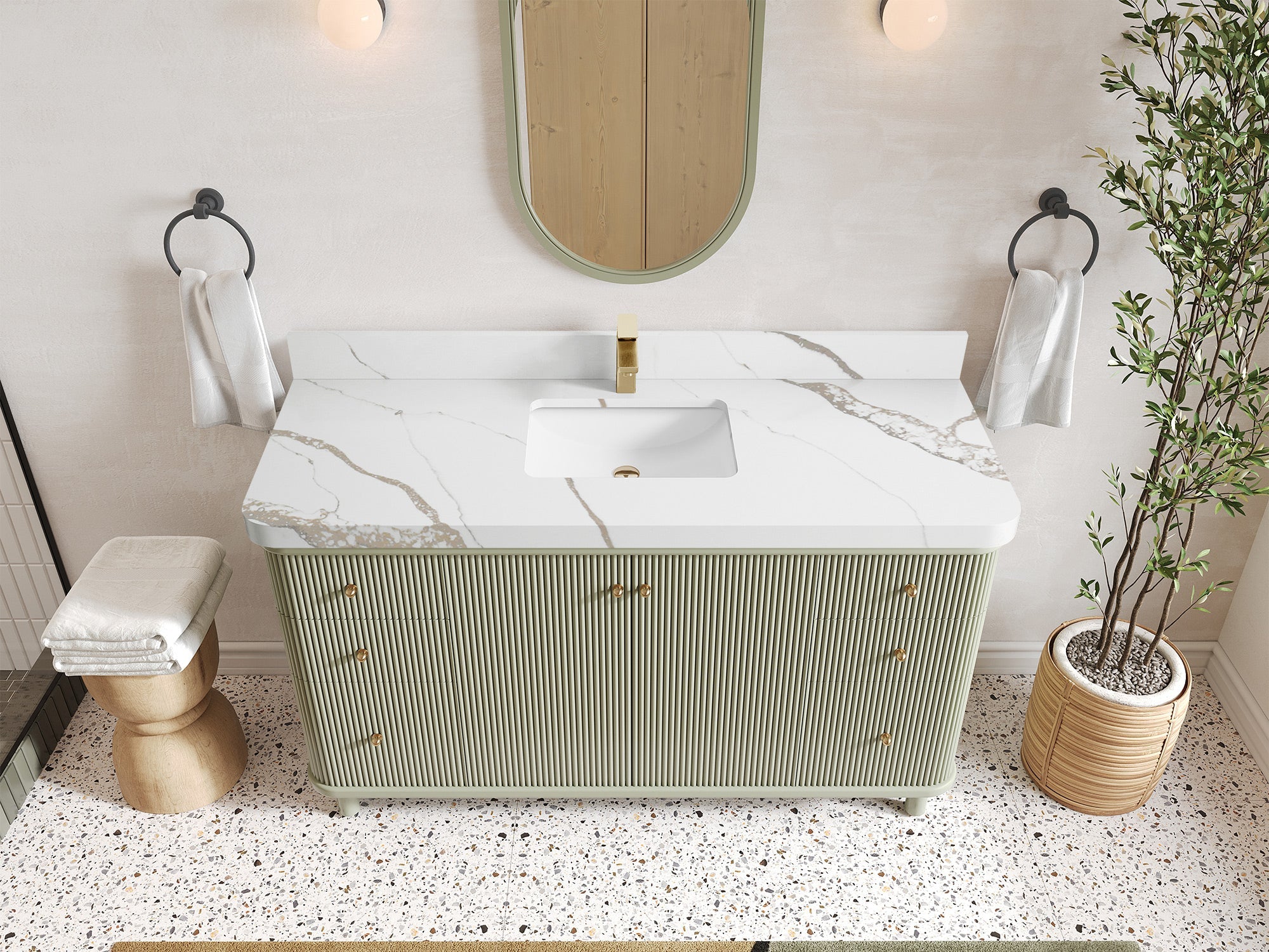 Miami 60 in. W x 22 in. D Single Sink Bathroom Vanity in Evergreen with 2 in Calacatta Gold Quartz Countertop - Top View