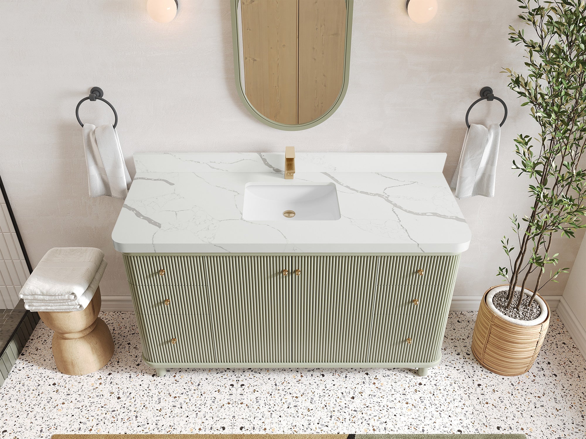 Miami 60 in. W x 22 in. D Single Sink Bathroom Vanity in Evergreen with 2 in Calacatta Laza Quartz Countertop - Top View