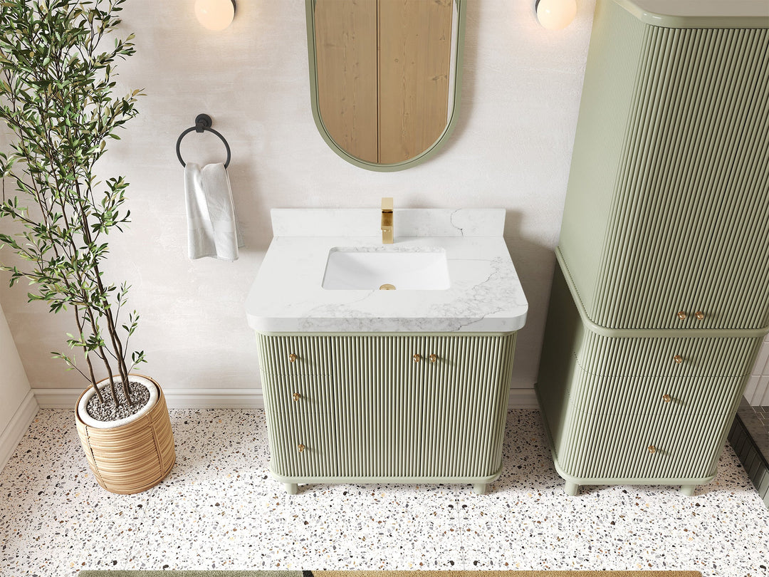 Miami 36 in. W x 22 in. D Center Sink Bathroom Vanity in Evergreen with Calacatta Nuvo Quartz Countertop - Top View