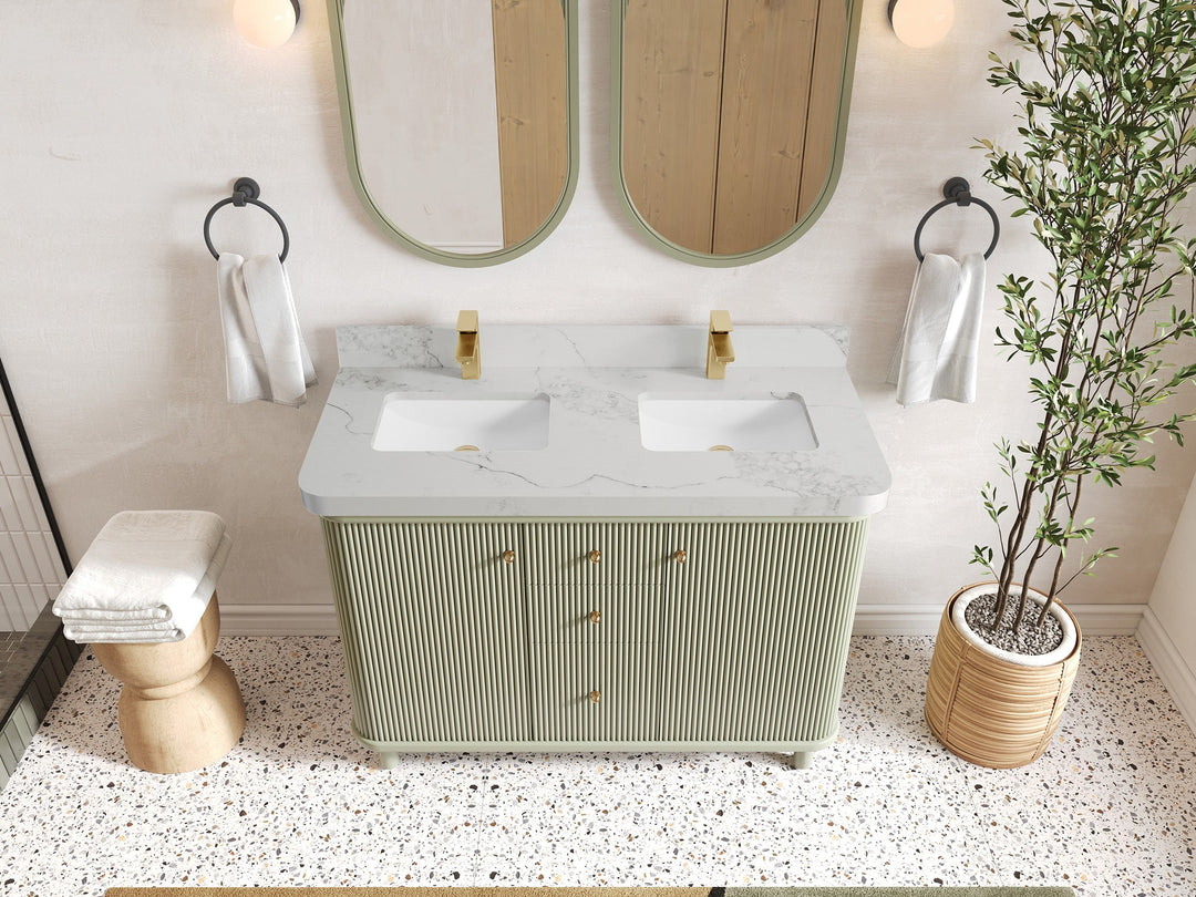 Miami 48 in. W x 22 in. D Double Sink Bathroom Vanity in Evergreen with 2 in Calacatta Nuvo Quartz Countertop - Top View