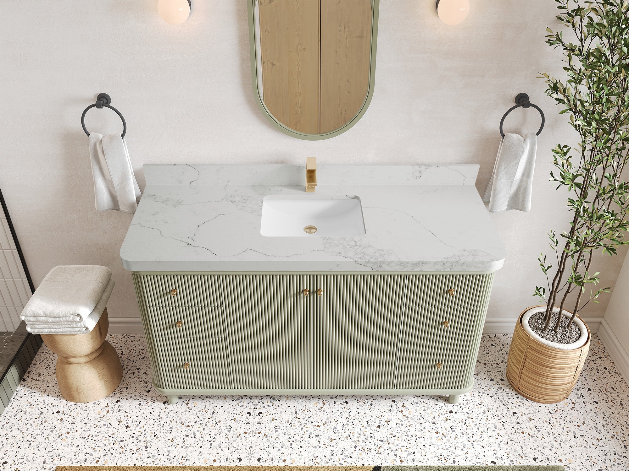 Miami 60 in. W x 22 in. D Single Sink Bathroom Vanity in Evergreen with 2 in Calacatta Nuvo Quartz Countertop - Top View