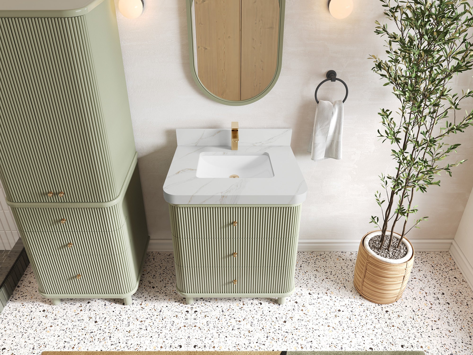 Miami 30 in. W x 22 in. D Single Sink Bathroom Vanity in Evergreen with 2 in Calacatta Sienna Quartz Countertop - Top View