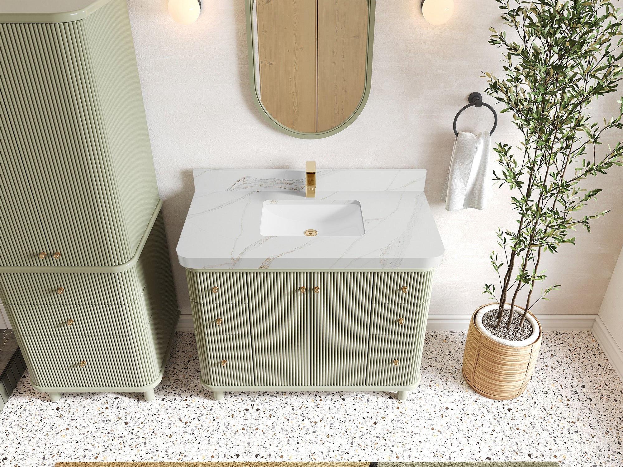 Miami 42 in. W x 22 in. D Single Sink Bathroom Vanity in Evergreen with 2 in Calacatta Sienna Quartz Countertop - Top View