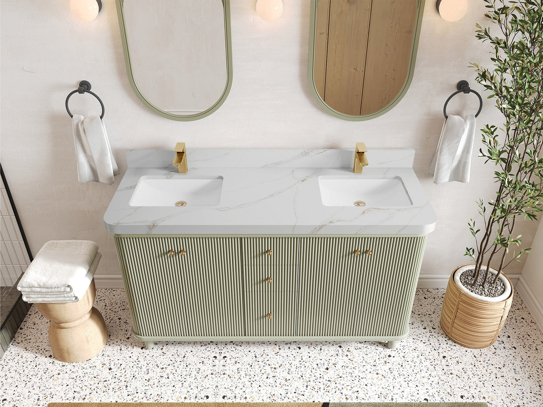 Miami 60 in. W x 22 in. D Double Sink Bathroom Vanity in Evergreen with 2 in Calacatta Sienna Quartz Countertop - Top View