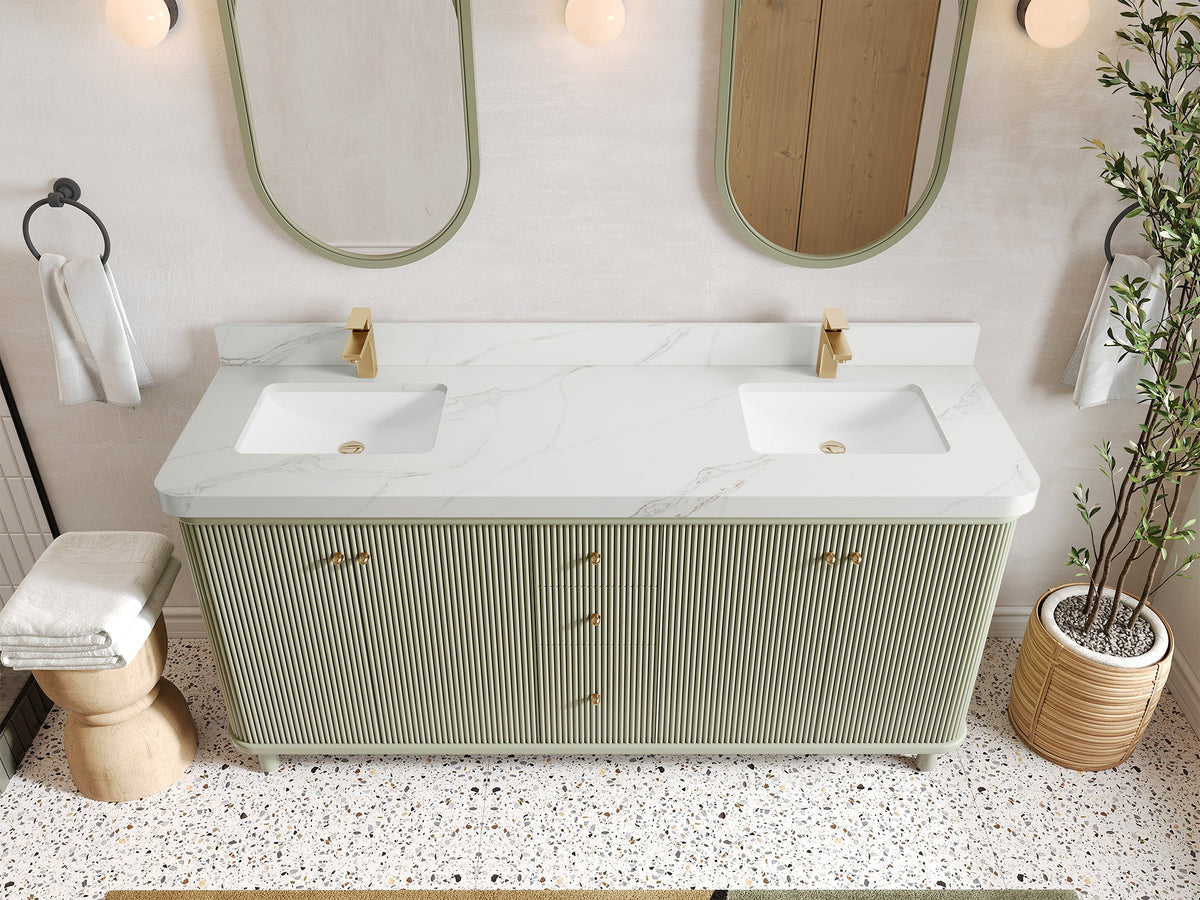 Miami 72 in. W x 22 in. D Double Sink Bathroom Vanity in Evergreen with 2 in Calacatta Sienna Quartz Countertop - Top View