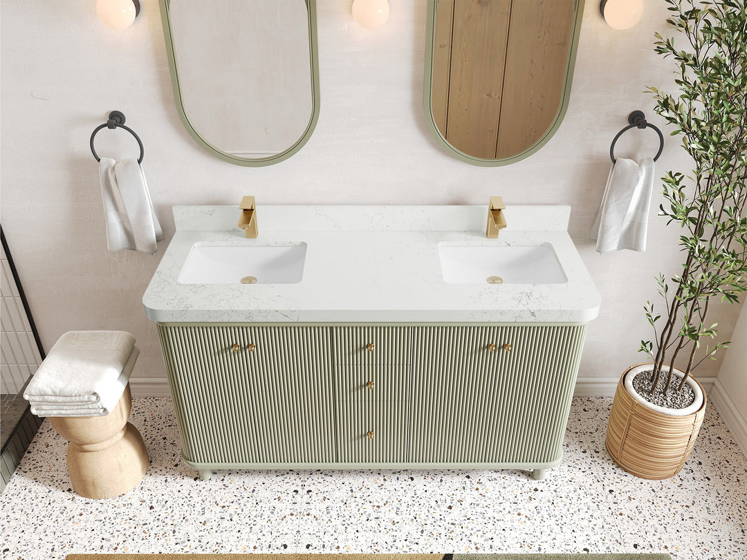 Miami 60 in. W x 22 in. D Double Sink Bathroom Vanity in Evergreen with 2 in Empira White Quartz Countertop - Top View