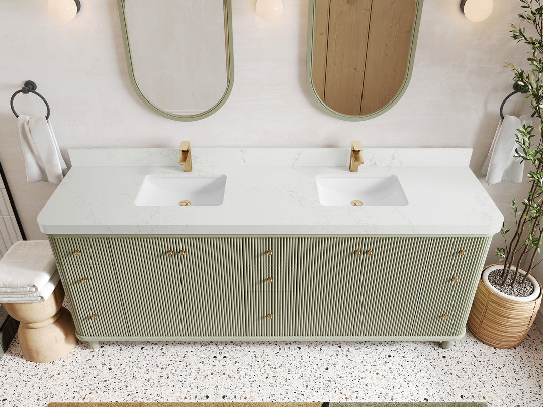 Miami 84 in. W x 22 in. D Double Sink Bathroom Vanity in Evergreen with 2 in Empira White Quartz Countertop - Top View