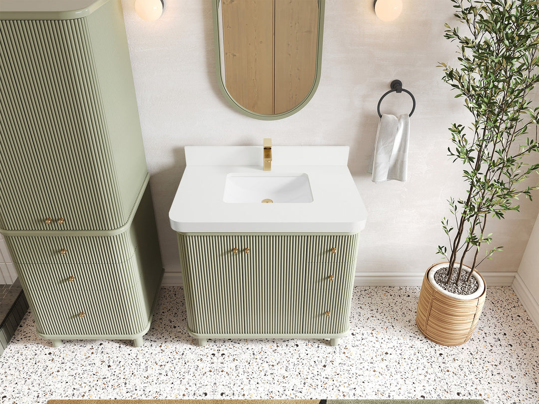 Miami 36 in. W x 22 in. D Center Sink Bathroom Vanity in Evergreen with White Quartz Countertop - Top View