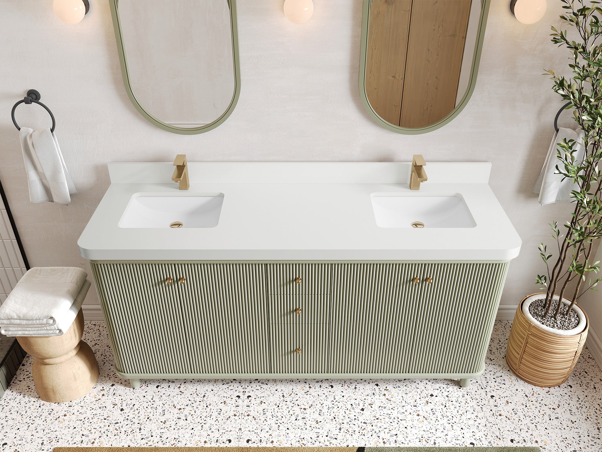 Miami 72 in. W x 22 in. D Double Sink Bathroom Vanity in Evergreen with 2 in White Quartz Countertop - Top View