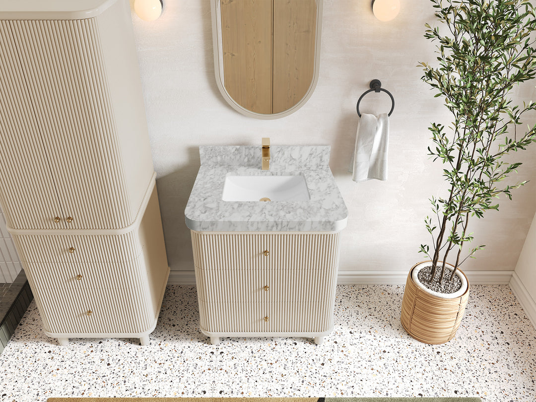 Miami 30 in. W x 22 in. D Single Sink Bathroom Vanity in Fine Grain with 2 in Carrara Marble Countertop - Top View