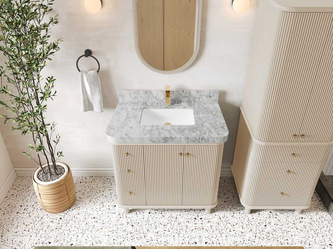 Miami 36 in. W x 22 in. D Center Sink Bathroom Vanity in Fine Grain with Carrara Marble Countertop - Top View